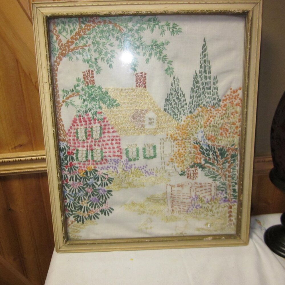 VTG MID CENTURY CROSS STITCH  HANDCRAFTED FRAMED HOME FLOWER GARDEN AND TREES